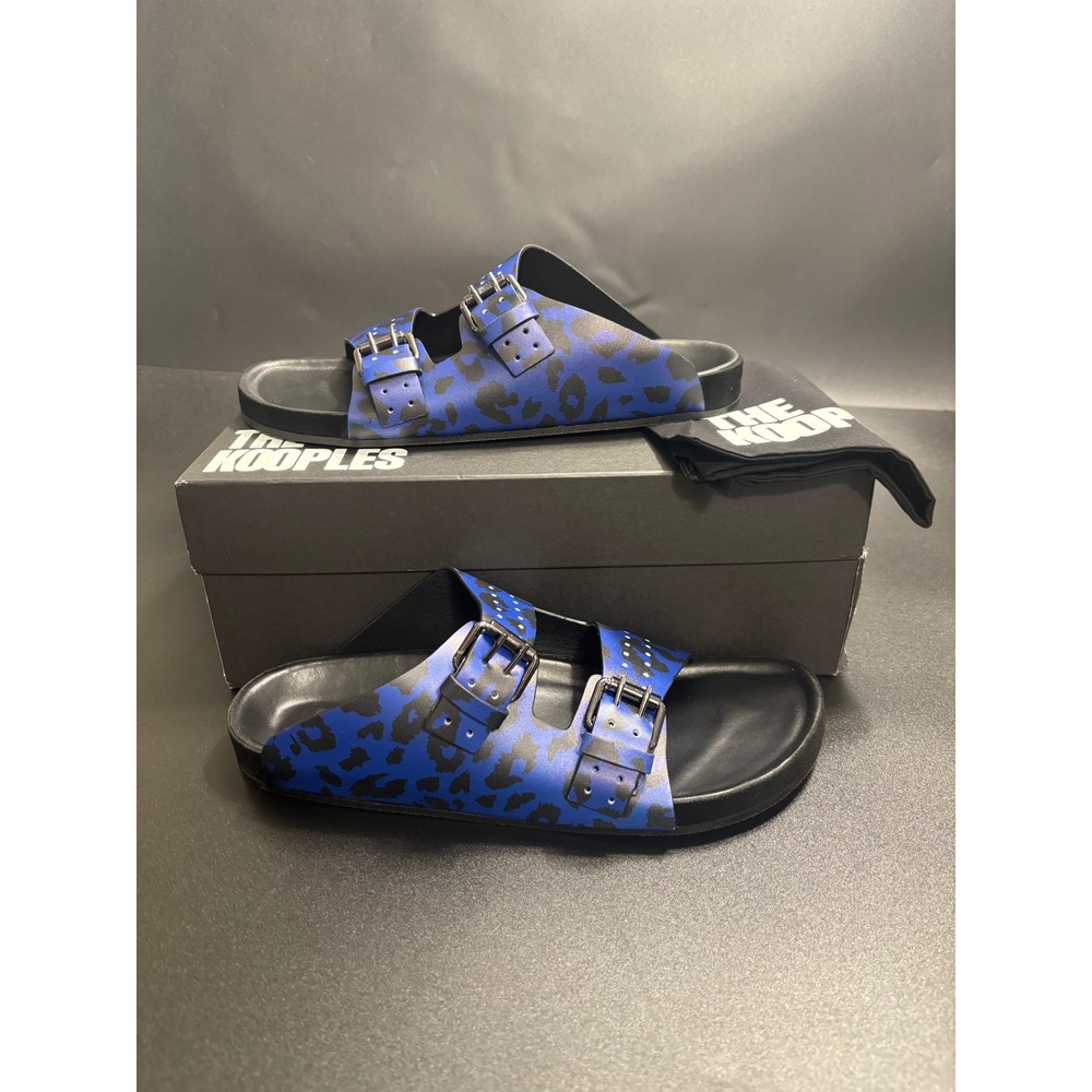The Kooples NEW Leopard Print Slides Sandals Buckle Accents Blue Black FR 43/U 9